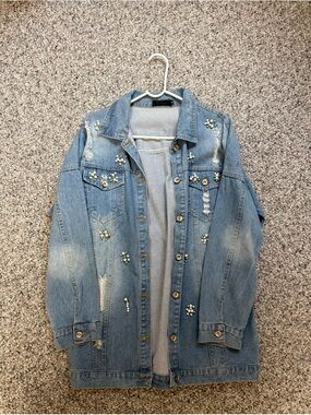 Light Blue Embellished Denim Jacket - Women